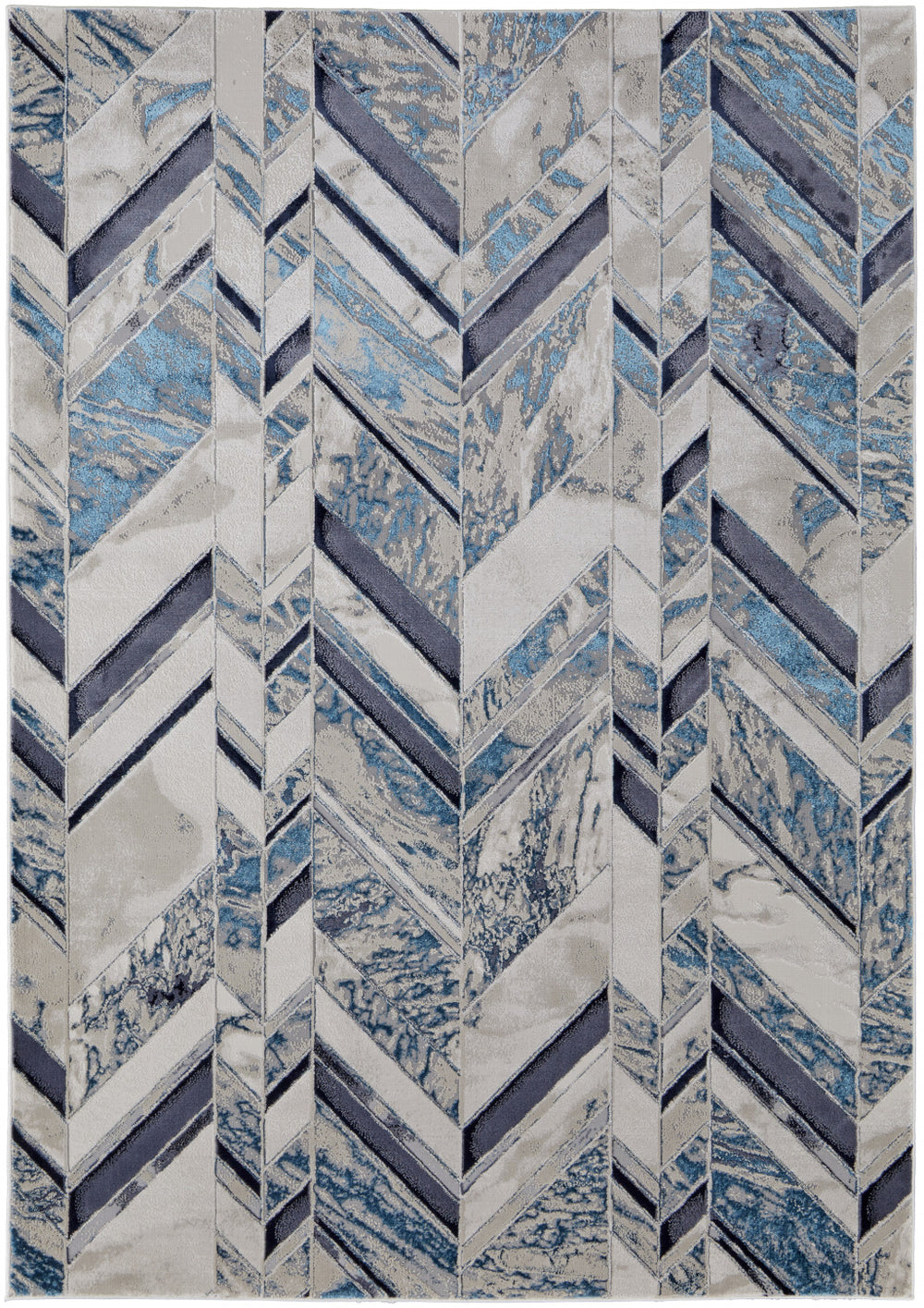Homeroots 10' X 13' Ivory Blue And Gray Chevron Power Loom Distressed Area Rug  Polyester 513931