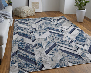 Homeroots 10' X 13' Ivory Blue And Gray Chevron Power Loom Distressed Area Rug  Polyester 513931