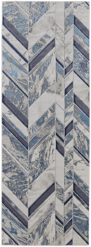 Homeroots 8' Ivory Blue And Gray Chevron Power Loom Distressed Runner Rug  Polyester 513932