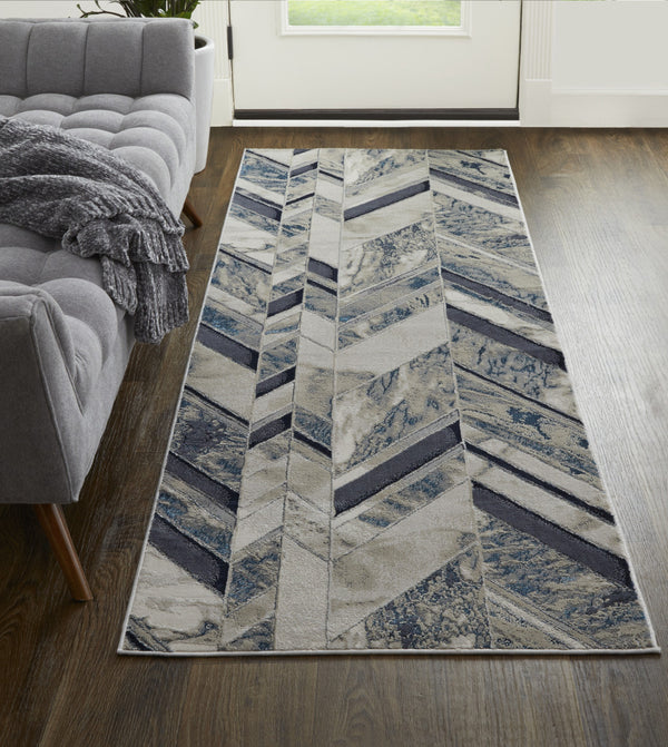 Homeroots 8' Ivory Blue And Gray Chevron Power Loom Distressed Runner Rug  Polyester 513932
