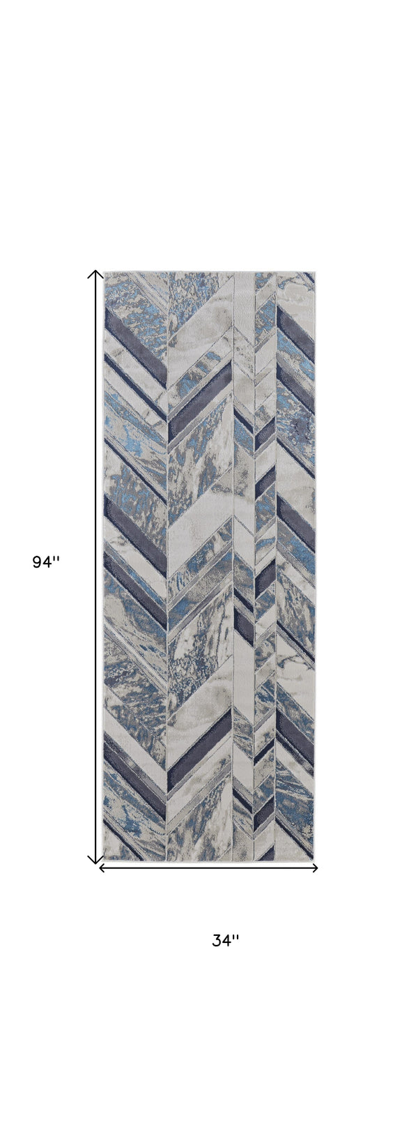 Homeroots 8' Ivory Blue And Gray Chevron Power Loom Distressed Runner Rug  Polyester 513932