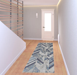 Homeroots 8' Ivory Blue And Gray Chevron Power Loom Distressed Runner Rug  Polyester 513932