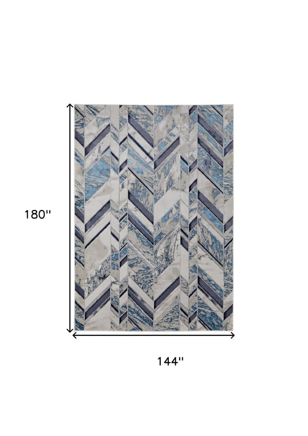 HomeRoots 4' Stylish Chevron Distressed Area Rug in Ivory, Blue & Gray - Durable, Easy-Care, Modern Design 12' X 15' 513933