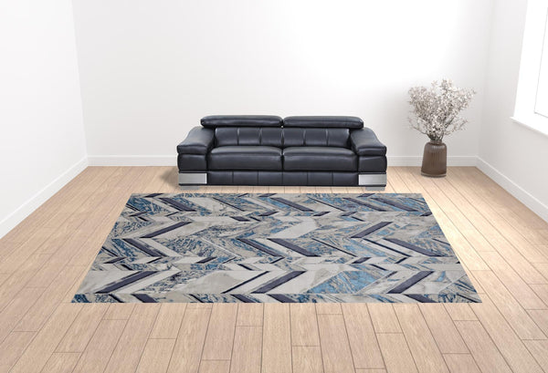 Homeroots 12' X 15' Ivory Blue And Gray Chevron Power Loom Distressed Area Rug  Polyester 513933