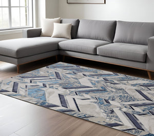 HomeRoots 4' Stylish Chevron Distressed Area Rug in Ivory, Blue & Gray - Durable, Easy-Care, Modern Design 12' X 15' 513933
