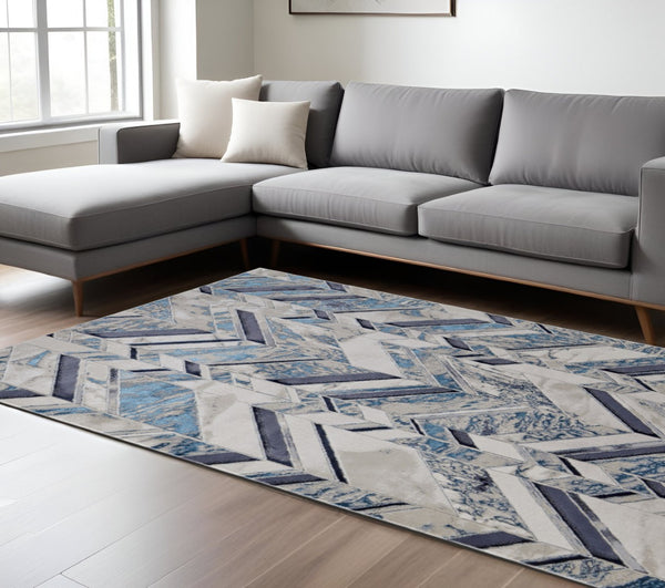 HomeRoots 4' Stylish Chevron Distressed Area Rug in Ivory, Blue & Gray - Durable, Easy-Care, Modern Design 12' X 15' 513933