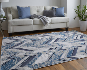 Homeroots 12' X 15' Ivory Blue And Gray Chevron Power Loom Distressed Area Rug  Polyester 513933