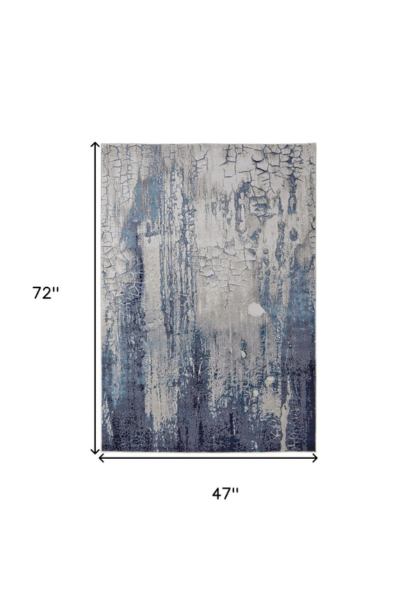 Homeroots 4' X 6' Ivory And Blue Abstract Power Loom Distressed Non Skid Area Rug  Polyester 513934