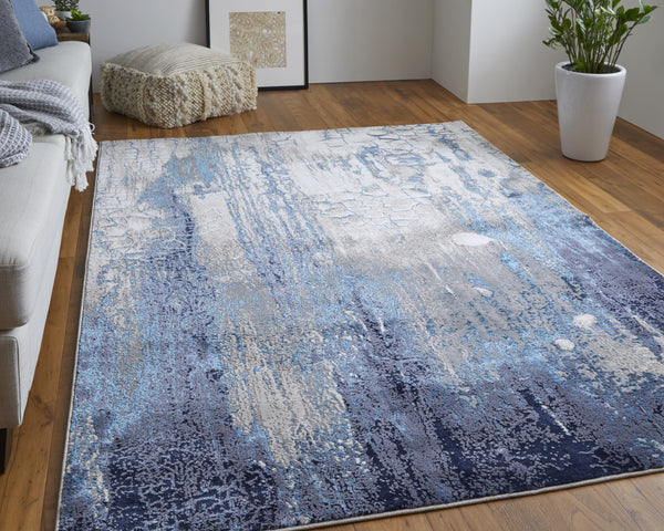 Homeroots 4' X 6' Ivory And Blue Abstract Power Loom Distressed Non Skid Area Rug  Polyester 513934