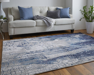 Homeroots 4' X 6' Ivory And Blue Abstract Power Loom Distressed Non Skid Area Rug  Polyester 513934