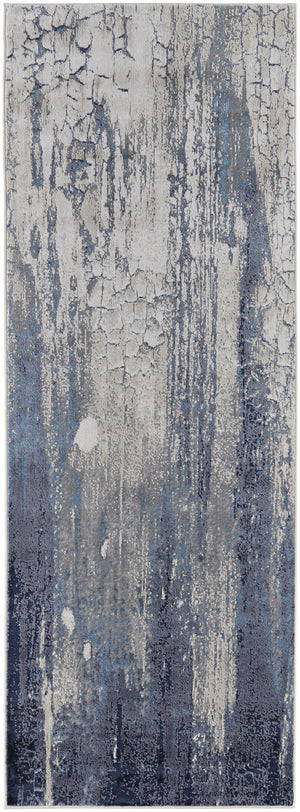 Homeroots 8' Ivory Blue And Black Abstract Power Loom Distressed Runner Rug  Polyester 513940