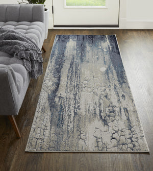Homeroots 8' Ivory Blue And Black Abstract Power Loom Distressed Runner Rug  Polyester 513940