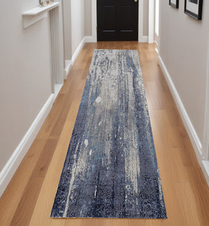 Homeroots 8' Ivory Blue And Black Abstract Power Loom Distressed Runner Rug  Polyester 513940