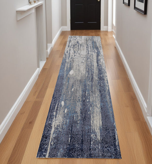Homeroots 8' Ivory Blue And Black Abstract Power Loom Distressed Runner Rug  Polyester 513940