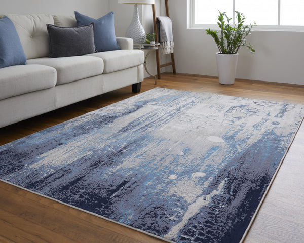 Homeroots 12' X 15' Ivory Blue And Black Abstract Power Loom Distressed Area Rug  Polyester 513941