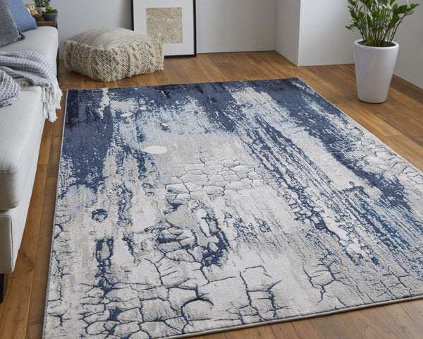 Homeroots 12' X 15' Ivory Blue And Black Abstract Power Loom Distressed Area Rug  Polyester 513941