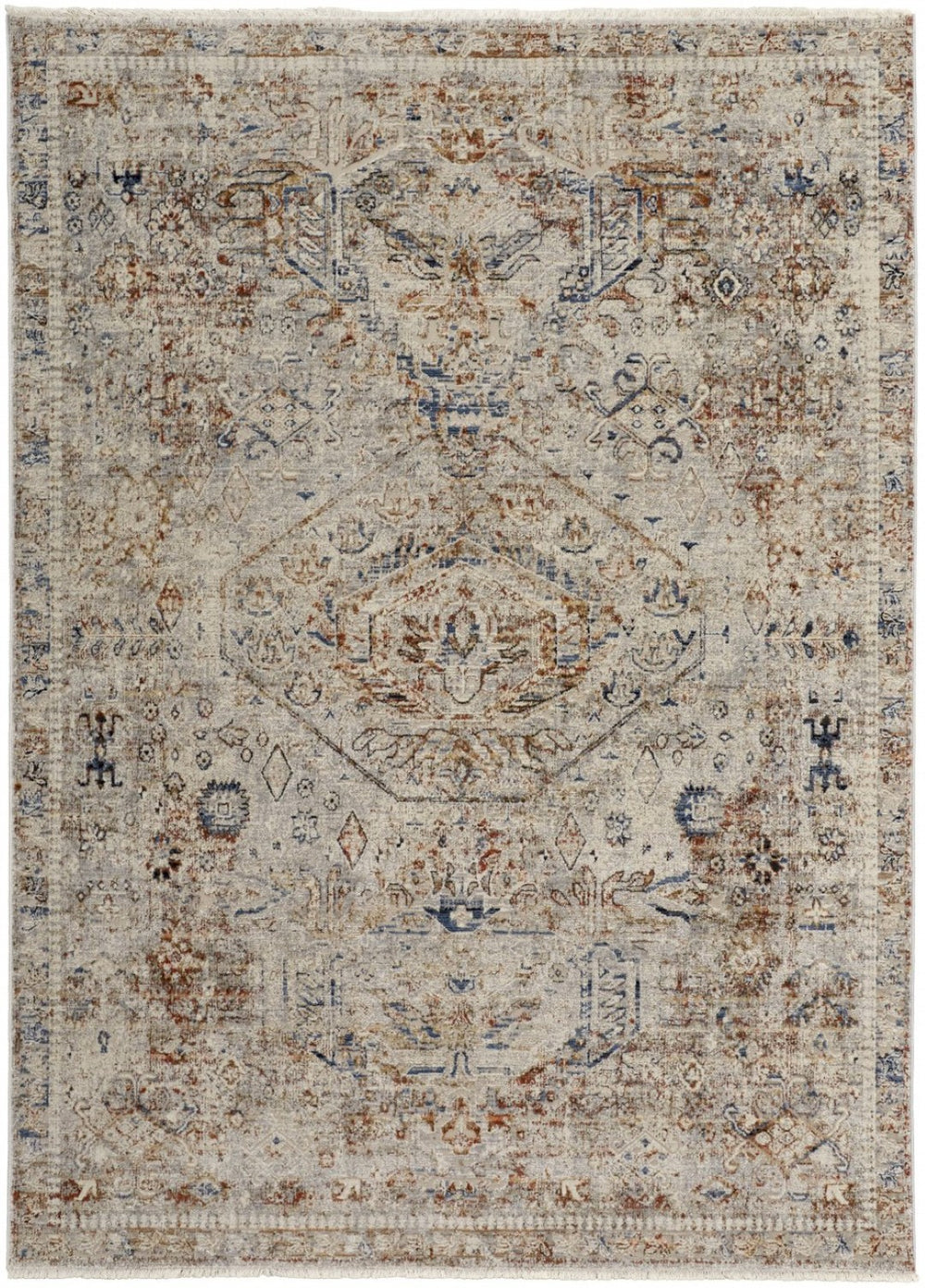 HomeRoots 8' Elegant Oriental Distressed Area Rug in Blue, Tan, and Red with Fringed Tassels for Timeless Style 8' X 10' 513943