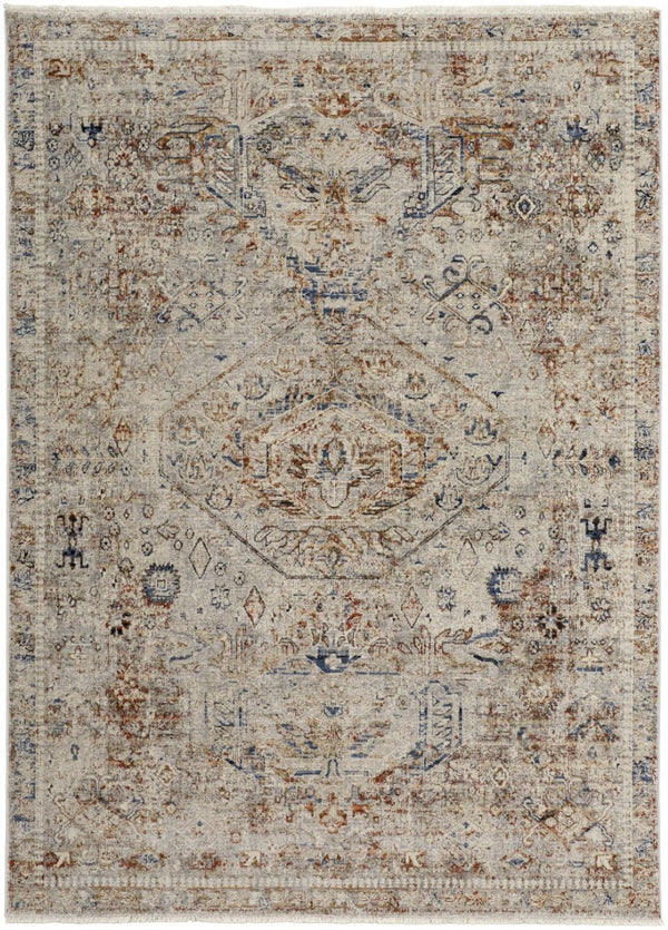 HomeRoots 8' Elegant Oriental Distressed Area Rug in Blue, Tan, and Red with Fringed Tassels for Timeless Style 8' X 10' 513943