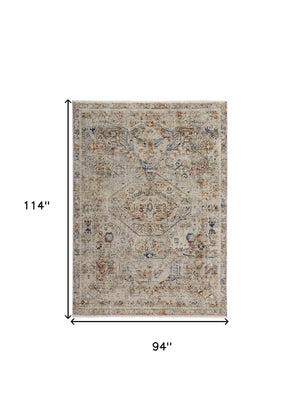 HomeRoots 8' Elegant Oriental Distressed Area Rug in Blue, Tan, and Red with Fringed Tassels for Timeless Style 8' X 10' 513943