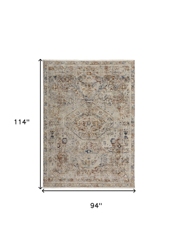 HomeRoots 8' Elegant Oriental Distressed Area Rug in Blue, Tan, and Red with Fringed Tassels for Timeless Style 8' X 10' 513943