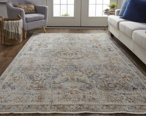HomeRoots 8' Elegant Oriental Distressed Area Rug in Blue, Tan, and Red with Fringed Tassels for Timeless Style 8' X 10' 513943