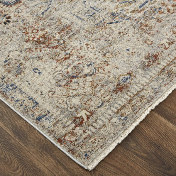 HomeRoots 8' Elegant Oriental Distressed Area Rug in Blue, Tan, and Red with Fringed Tassels for Timeless Style 8' X 10' 513943