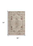 Homeroots 5' X 8' Tan And Ivory Floral Power Loom Distressed Non Skid Area Rug With Fringe  Polypropylene 513950