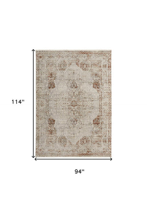HomeRoots 8' Gray Ivory and Burnt Orange Oriental Distressed Area Rug with Fringe for Modern & Classic Homes 8' X 10' 513951