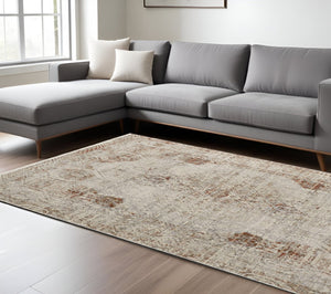 HomeRoots 8' Gray Ivory and Burnt Orange Oriental Distressed Area Rug with Fringe for Modern & Classic Homes 8' X 10' 513951