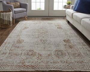 HomeRoots 8' Gray Ivory and Burnt Orange Oriental Distressed Area Rug with Fringe for Modern & Classic Homes 8' X 10' 513951