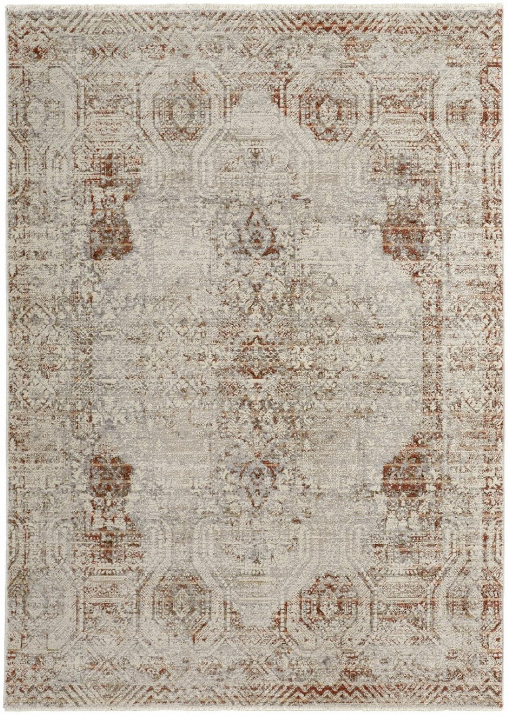 HomeRoots 8' Gray Ivory and Burnt Orange Oriental Distressed Area Rug with Fringe for Modern & Classic Homes 10' X 13' 513952