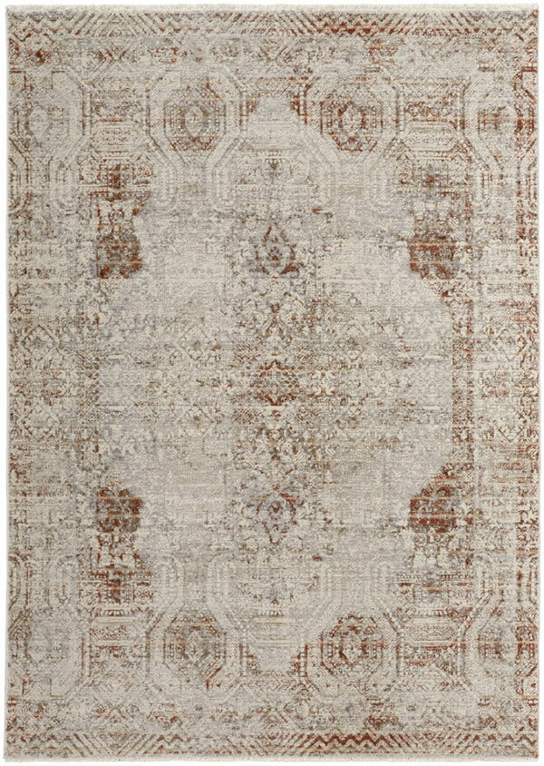HomeRoots 8' Gray Ivory and Burnt Orange Oriental Distressed Area Rug with Fringe for Modern & Classic Homes 10' X 13' 513952