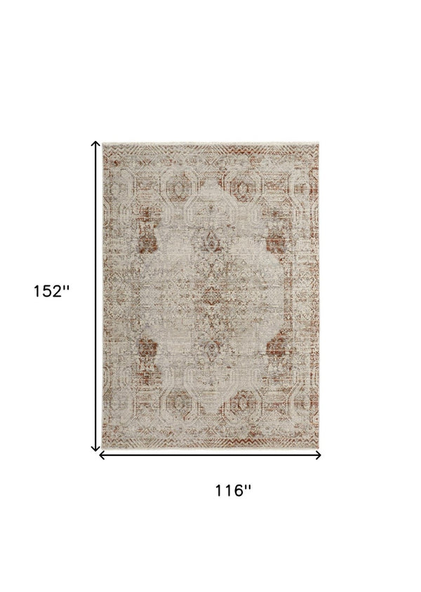 HomeRoots 8' Gray Ivory and Burnt Orange Oriental Distressed Area Rug with Fringe for Modern & Classic Homes 10' X 13' 513952