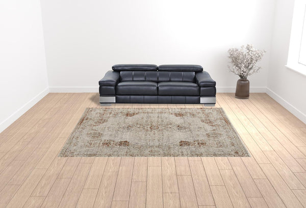 HomeRoots 8' Gray Ivory and Burnt Orange Oriental Distressed Area Rug with Fringe for Modern & Classic Homes 10' X 13' 513952