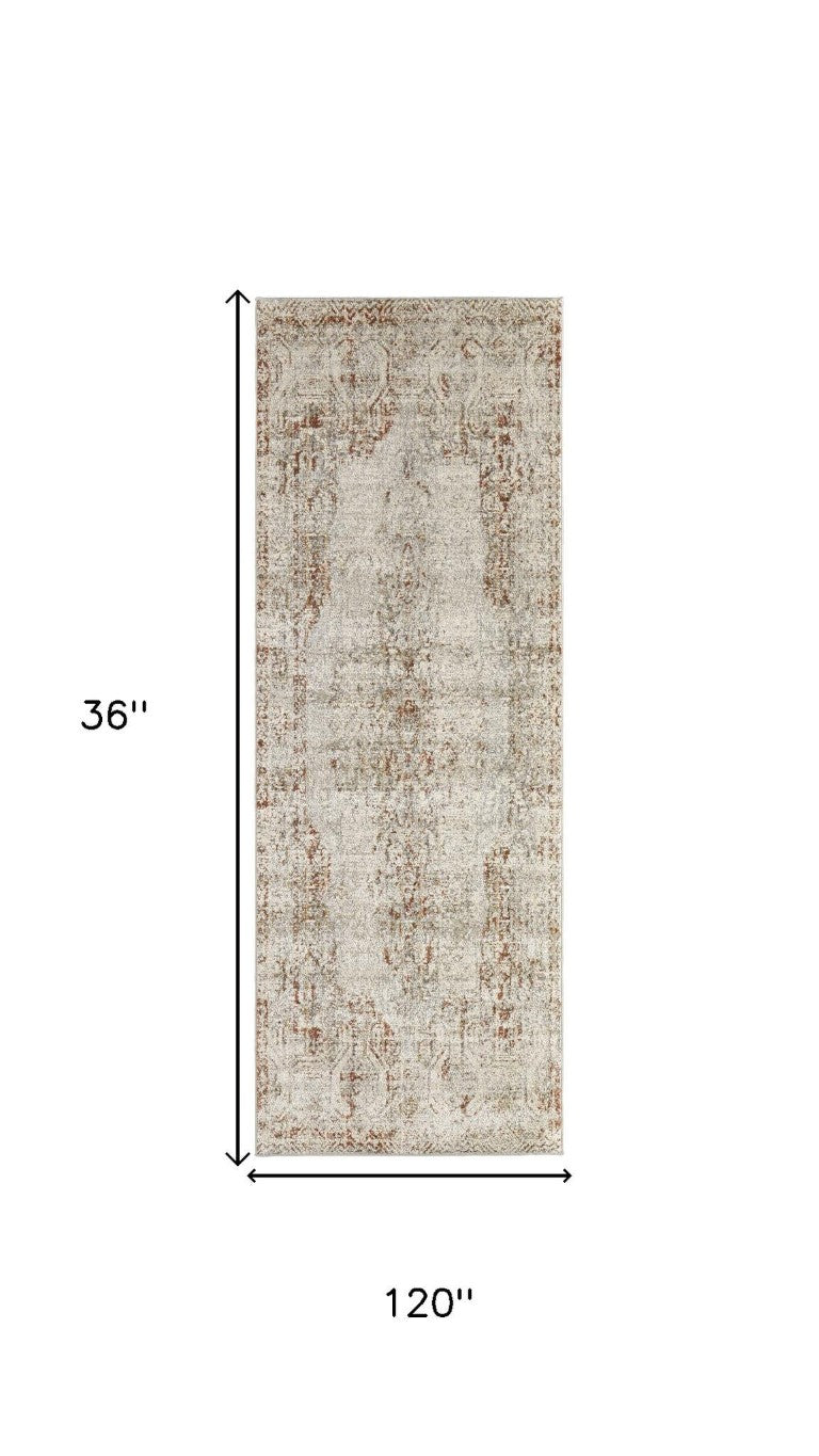 10' Floral Distressed Runner Rug Tan Ivory Power Loomed Non Slip Hallway