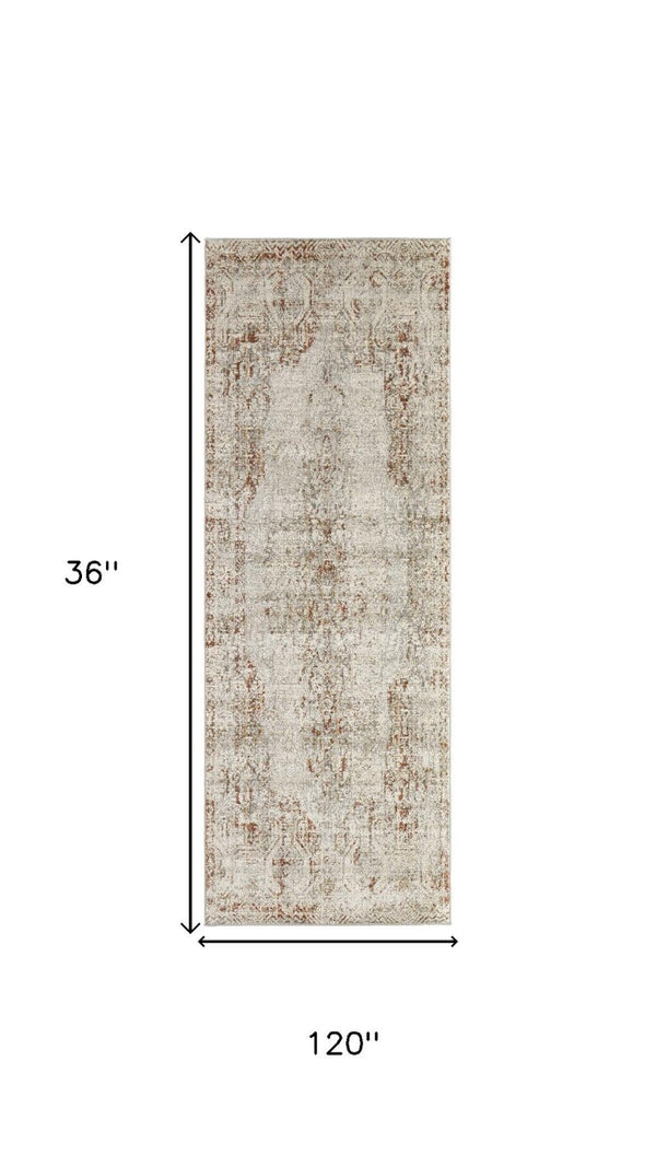 10' Floral Distressed Runner Rug Tan Ivory Power Loomed Non Slip Hallway