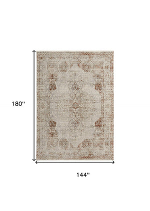 HomeRoots 8' Gray Ivory and Burnt Orange Oriental Distressed Area Rug with Fringe for Modern & Classic Homes 12' X 15' 513956