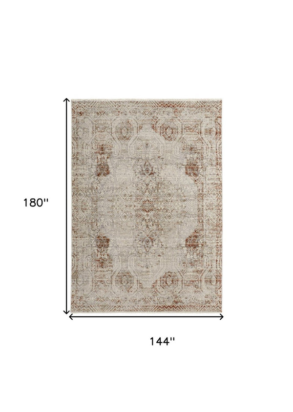 HomeRoots 8' Gray Ivory and Burnt Orange Oriental Distressed Area Rug with Fringe for Modern & Classic Homes 12' X 15' 513956