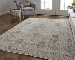 HomeRoots 8' Gray Ivory and Burnt Orange Oriental Distressed Area Rug with Fringe for Modern & Classic Homes 12' X 15' 513956