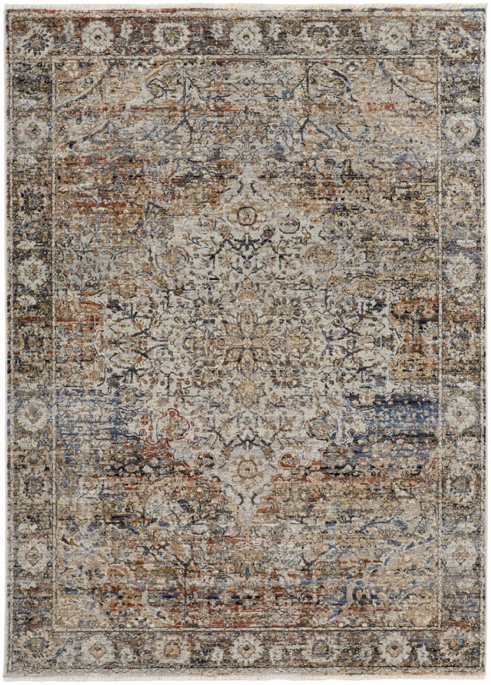 HomeRoots 5' Distressed Oriental Area Rug in Tan, Blue & Burnt Orange - Timeless Vintage Charm for Any Room 5' X 8' 513966
