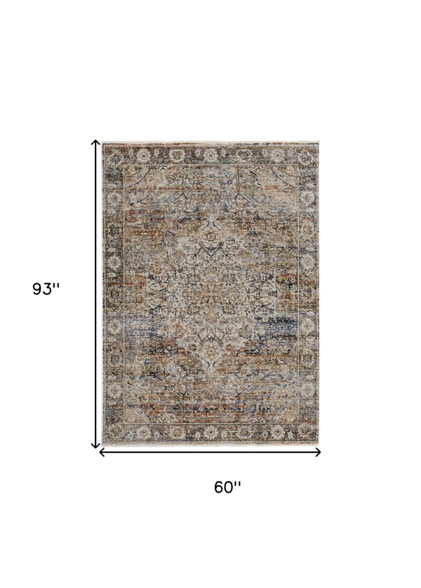 Homeroots 5' X 8' Tan And Blue Floral Power Loom Distressed Non Skid Area Rug With Fringe  Polypropylene 513966
