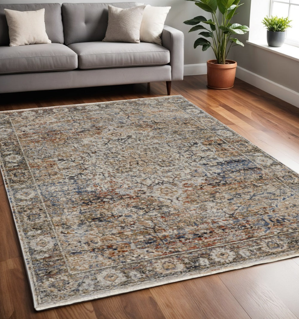 HomeRoots 5' Distressed Oriental Area Rug in Tan, Blue & Burnt Orange - Timeless Vintage Charm for Any Room 5' X 8' 513966
