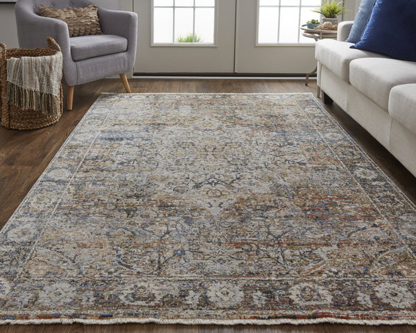 Homeroots 5' X 8' Tan And Blue Floral Power Loom Distressed Non Skid Area Rug With Fringe  Polypropylene 513966