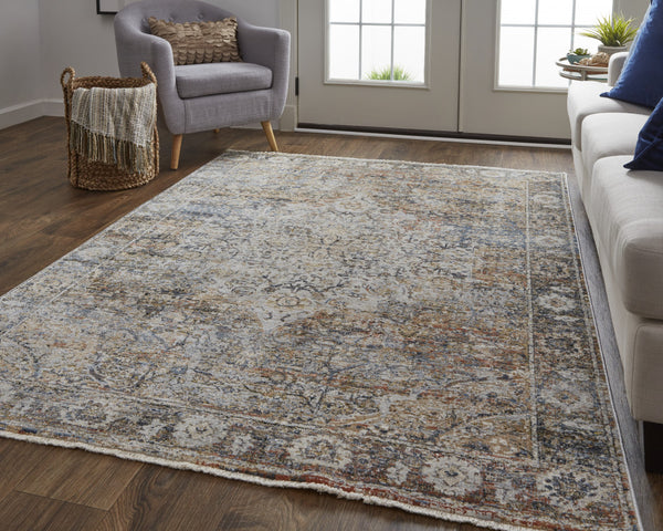 Homeroots 5' X 8' Tan And Blue Floral Power Loom Distressed Non Skid Area Rug With Fringe  Polypropylene 513966