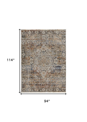 Homeroots 8' X 10' Tan And Blue Floral Power Loom Distressed Non Skid Area Rug With Fringe  Polypropylene 513967