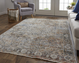 Homeroots 8' X 10' Tan And Blue Floral Power Loom Distressed Non Skid Area Rug With Fringe  Polypropylene 513967