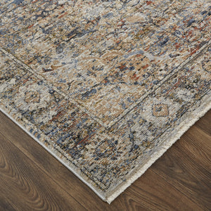 Homeroots 8' X 10' Tan And Blue Floral Power Loom Distressed Non Skid Area Rug With Fringe  Polypropylene 513967
