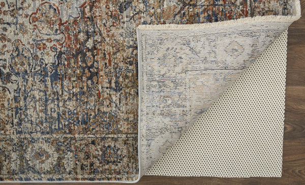 Homeroots 8' X 10' Tan And Blue Floral Power Loom Distressed Non Skid Area Rug With Fringe  Polypropylene 513967