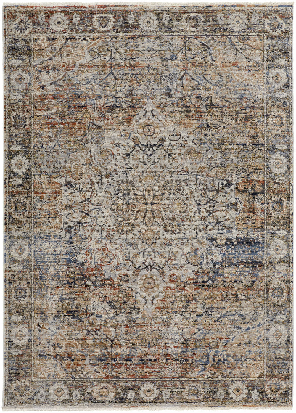 Homeroots 10' X 13' Tan Orange And Blue Floral Power Loom Distressed Area Rug With Fringe  Polypropylene 513968