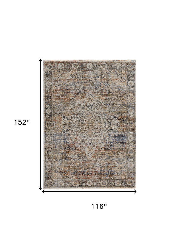 Homeroots 10' X 13' Tan Orange And Blue Floral Power Loom Distressed Area Rug With Fringe  Polypropylene 513968